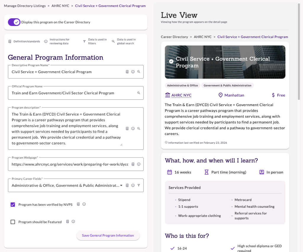 Screenshot of a program page in the New Visions Career Directory